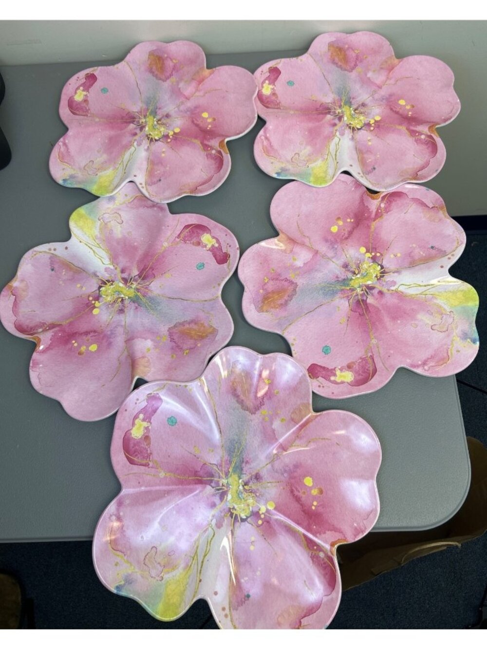 Set of 5 Pink Hibiscus Flower Shaped Melamine Dinner Plates 13" Tropical Summer